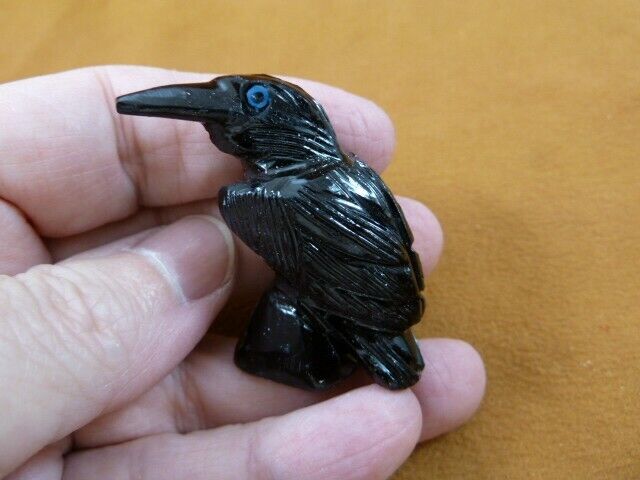 (Y-BIR-RA-133) BLACK RAVEN CROW Onyx carving PERU figurine gem bird Noir ravens
