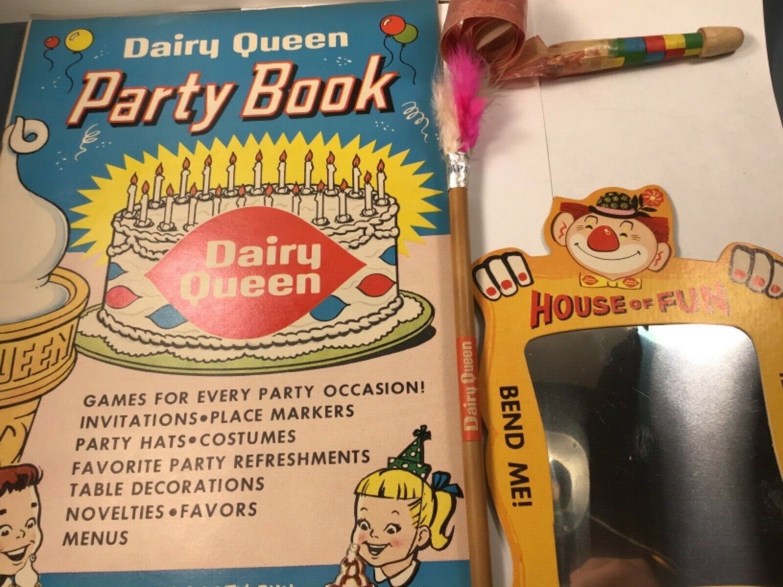 Vintage 1960 Dairy Queen Party Lot. House Of Fun Mirror, Party Book Etc