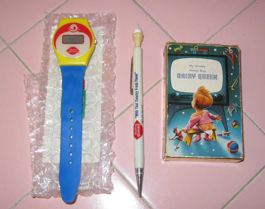 Lot 1960s Dairy Queen Souvenirs Playing Cards Watch Mechanical Pencil Soft Cone