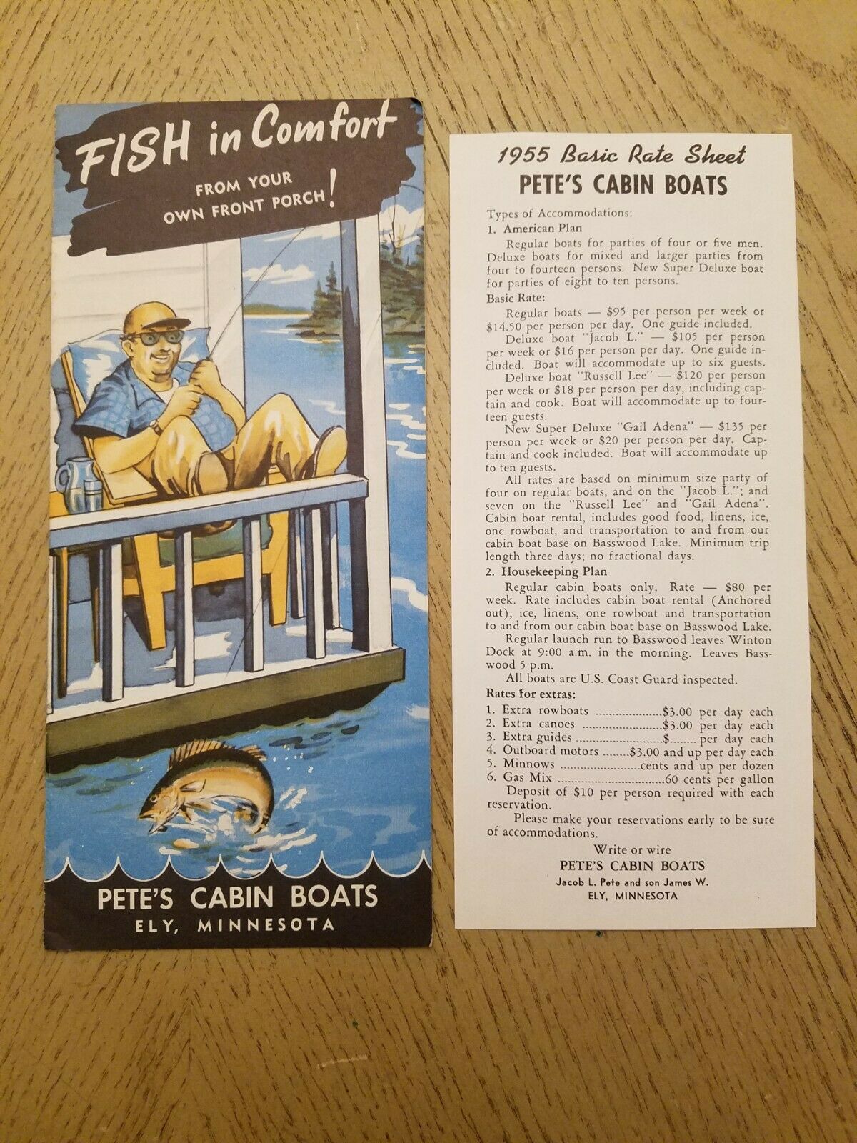 Rare 1955 Pete's Cabin Boats Ely Minnesota Tourist Brochure Price Rate Sheet Mn
