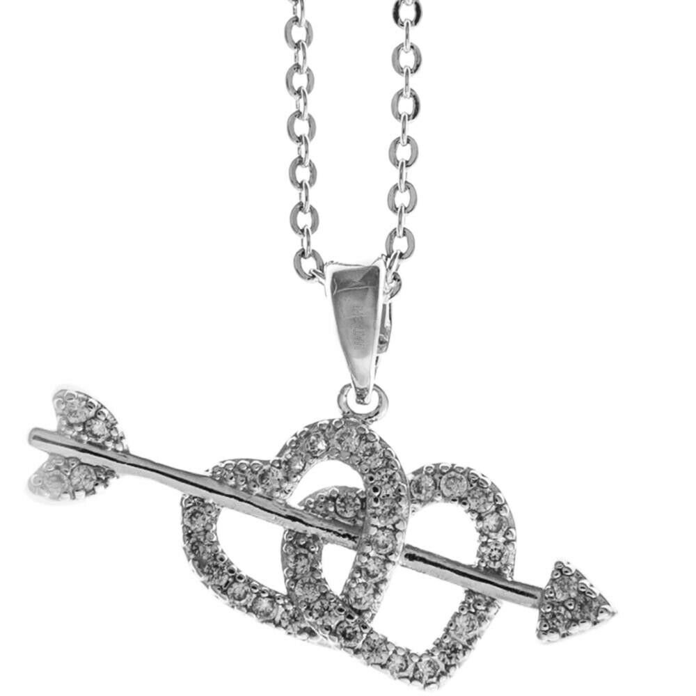 Rhodium Plated Necklace With Cupid's Arrow Double Heart Design With A 16"