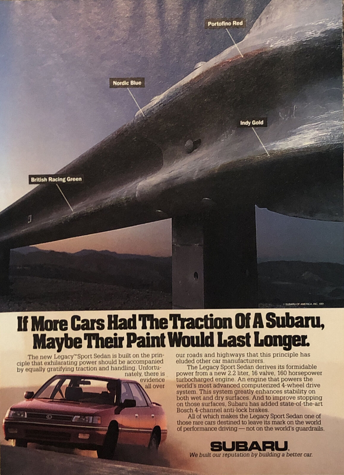 PRINT AD 1991 Subaru Legacy Sport Sedan Guardrail Paint Transfer Better Traction