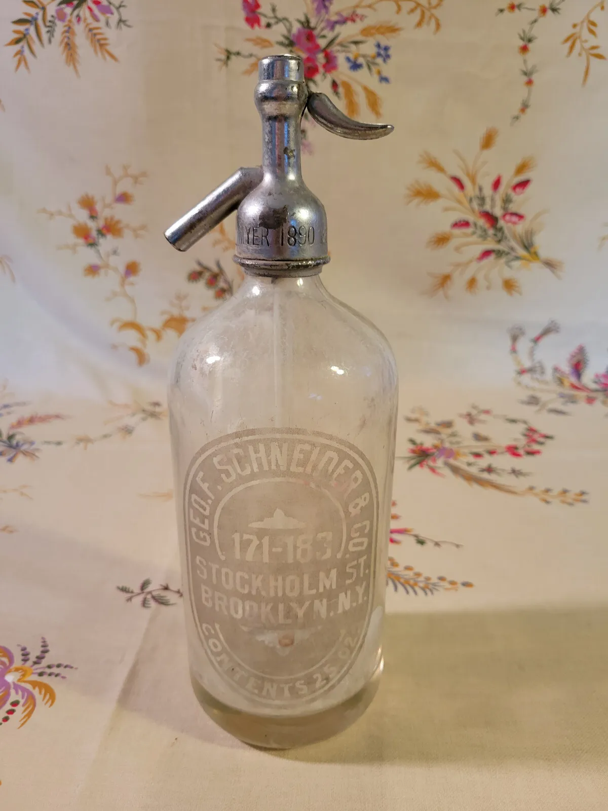 GEO. F. Schneider & Co. clear 25 oz Seltzer bottle, Stockholm St. Brooklyn, NY