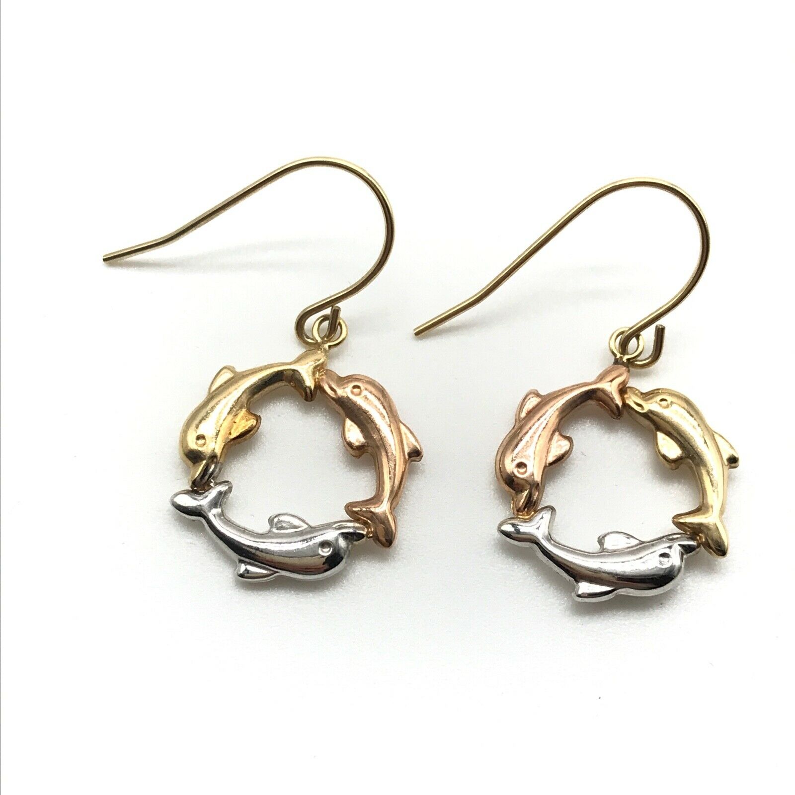 10k Solid Gold JCM Signed Tri-Color Dolphin Dangle Earrings