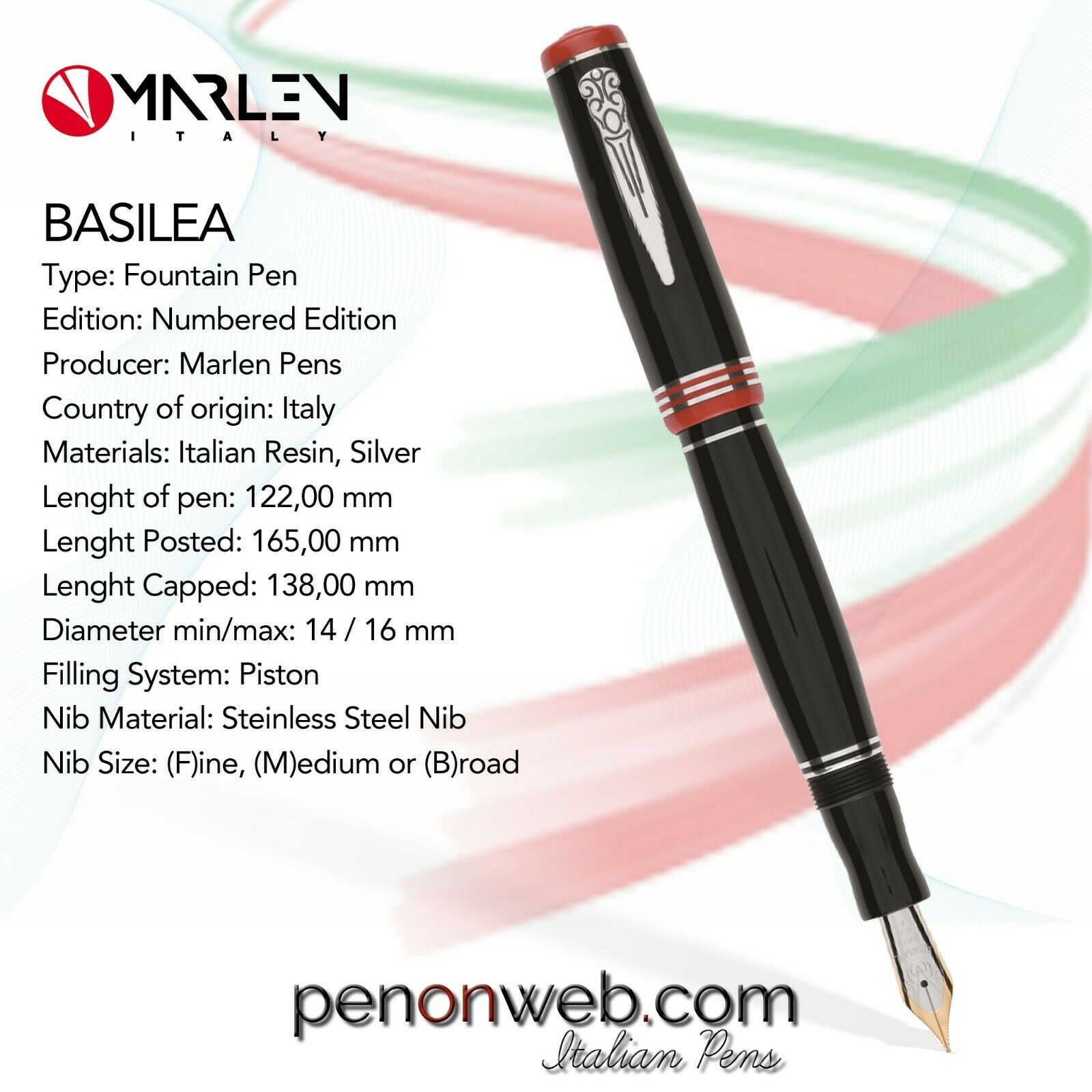 Marlen Basilea N.E. Fountain Pen | Resin, Silver | Piston Fill | Brand New
