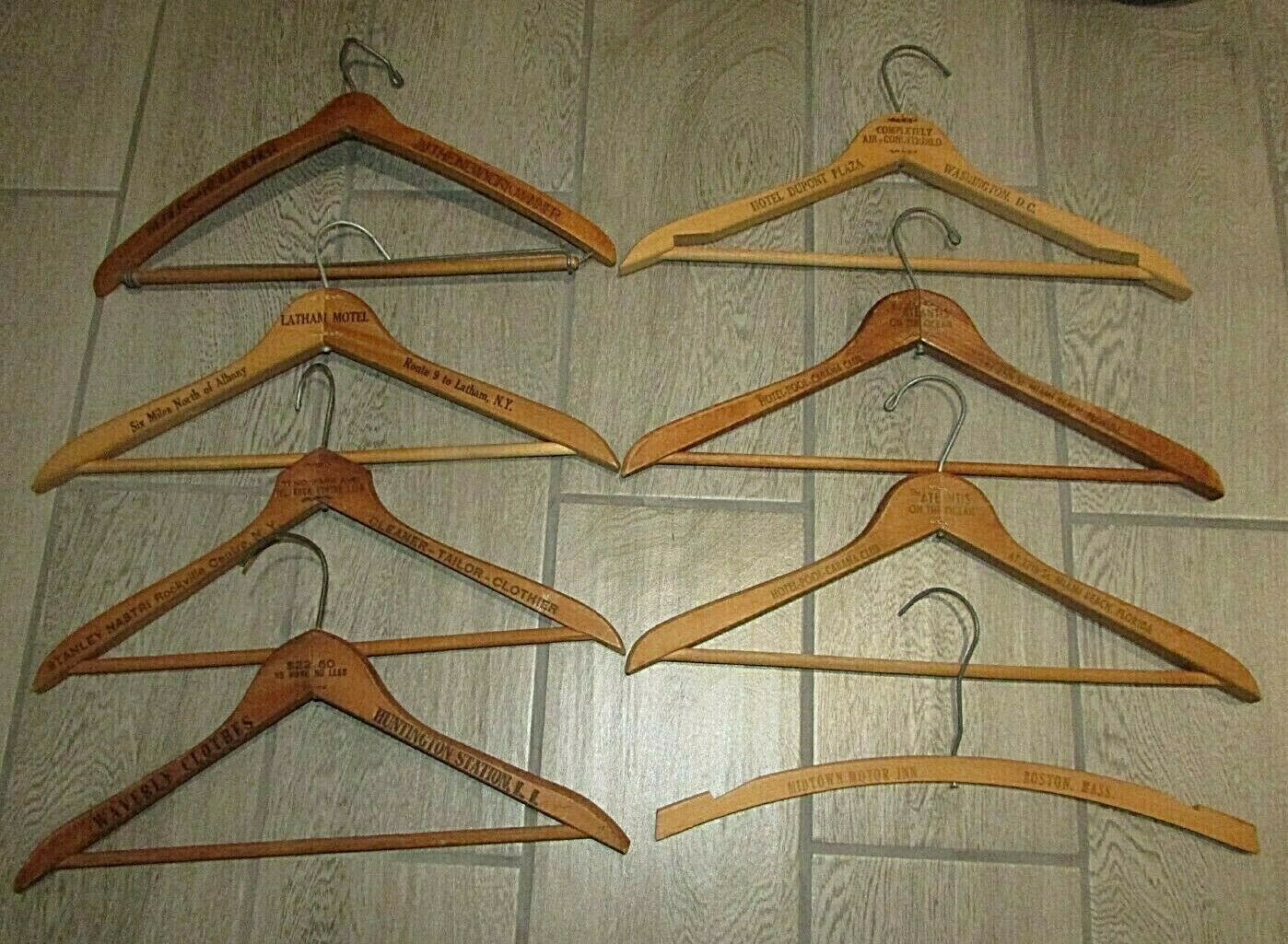 8 Vintage Wooden Clothes Hangers Hotel Cleaners Advertising
