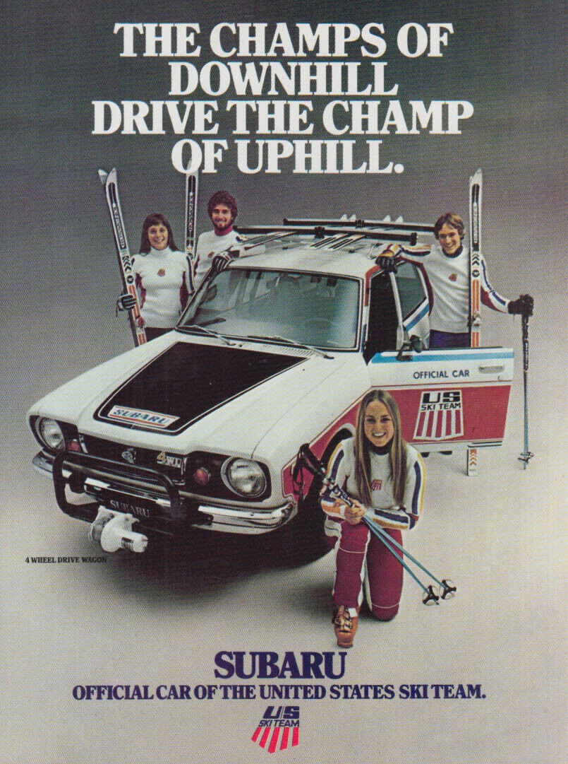 The champs of downhill drive the champ of uphill US Ski Team Subaru ad 1977