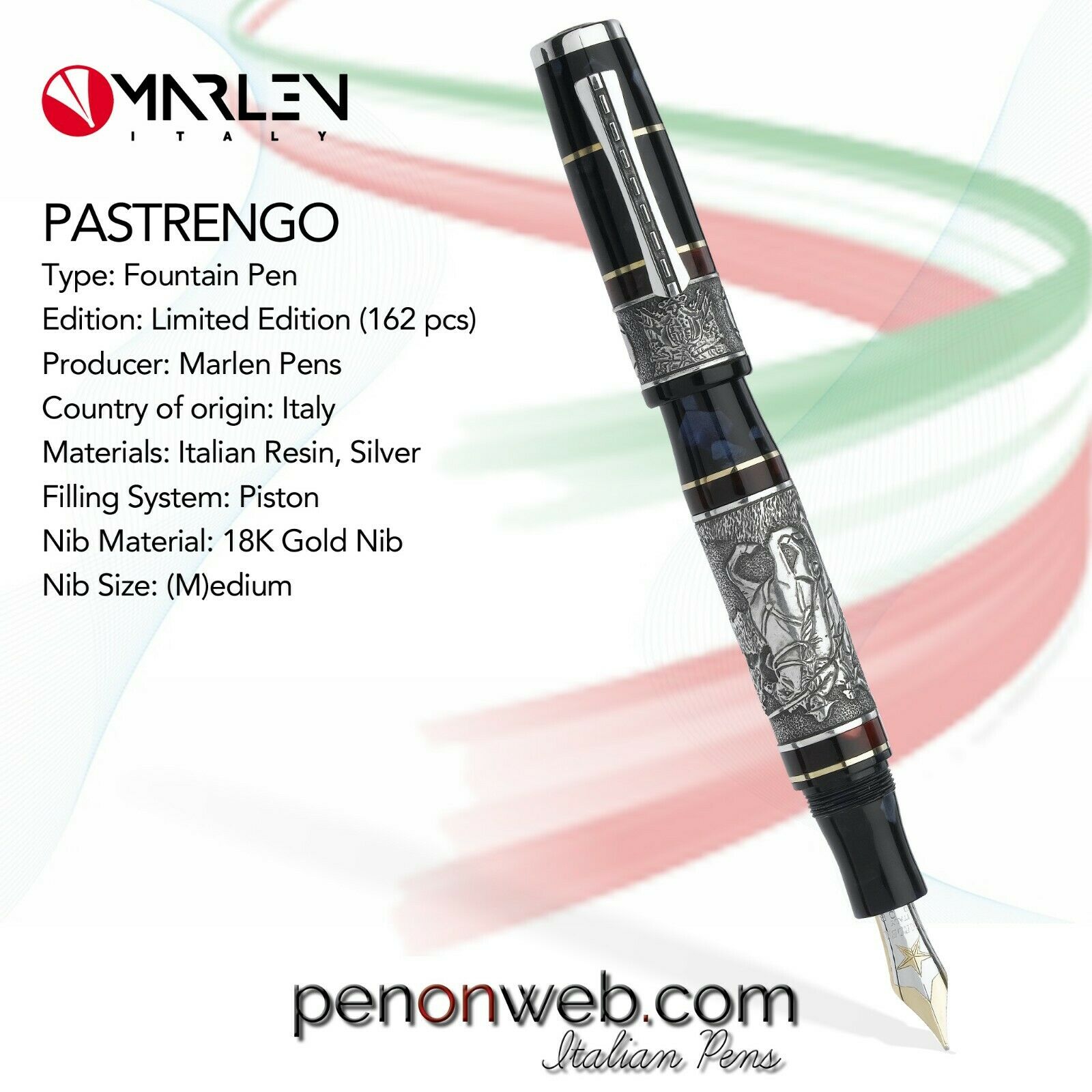 Marlen Pastrengo Limited Ed (162 pcs) Fountain Pen | 18K Gold Nib | Resin Silver