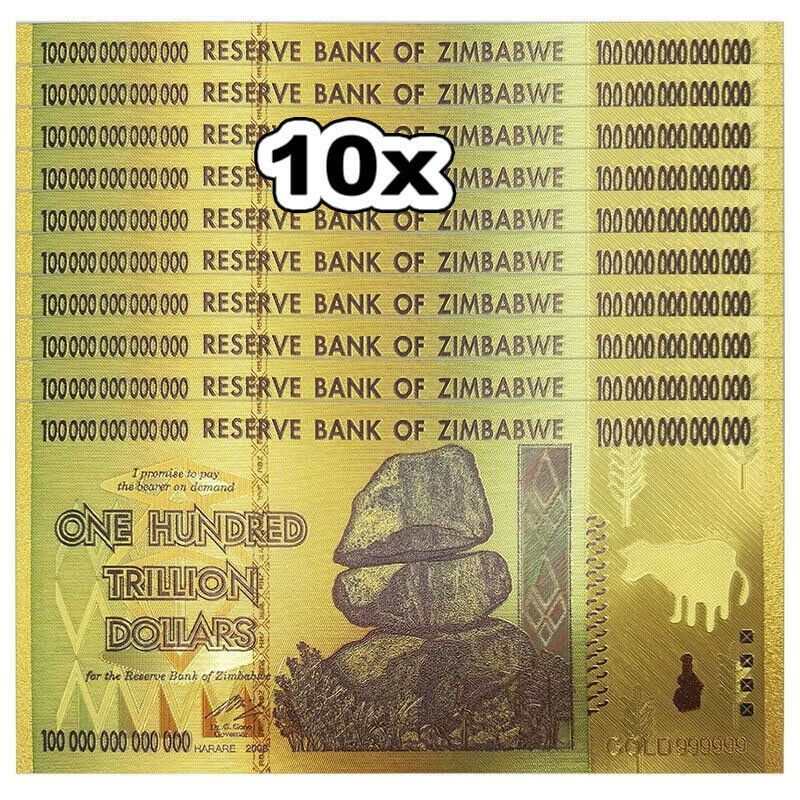 10x 100Trillion Zimbabwean Dollar Commemorative Banknote Non-currency Collection