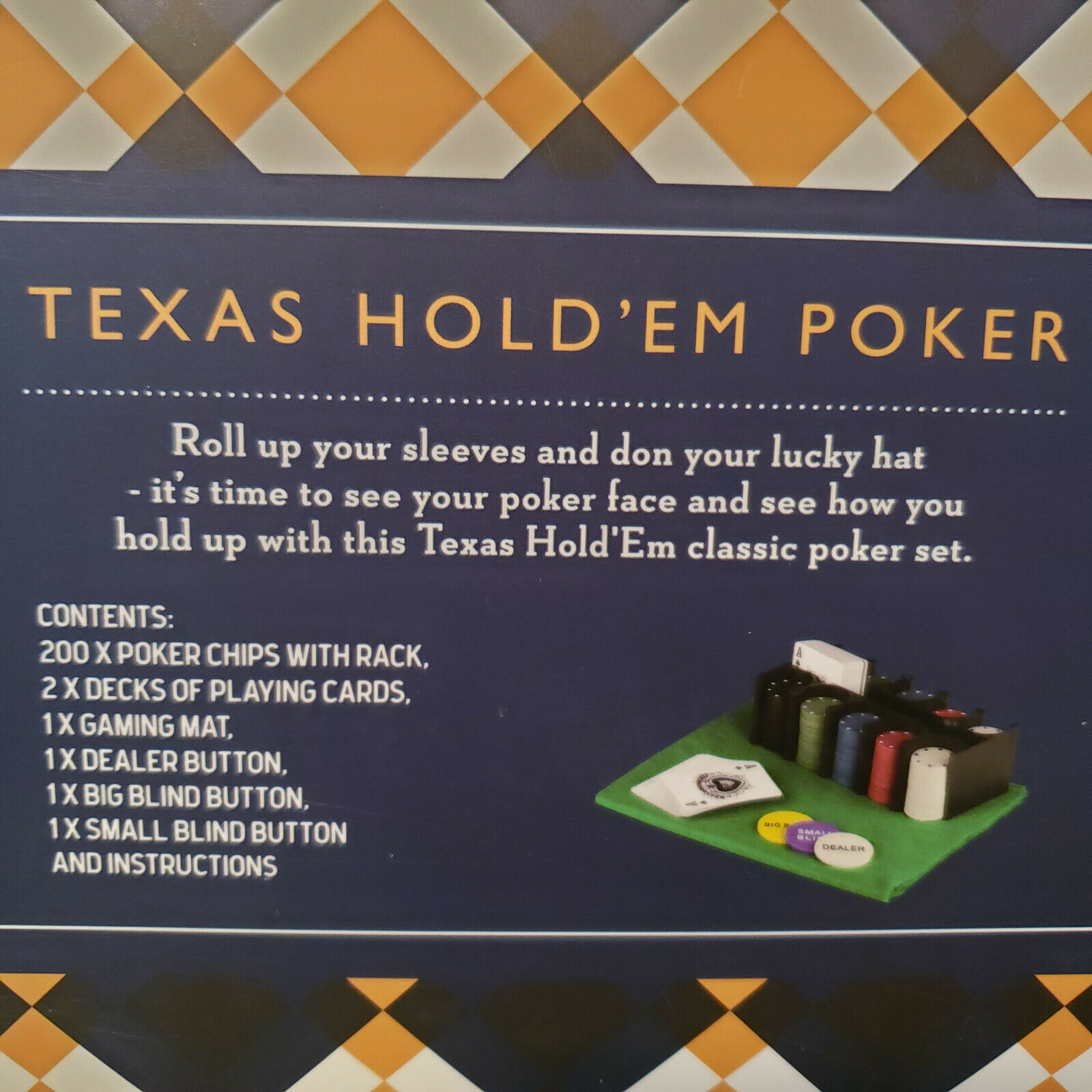 Texas Hold'Em Poker Set Sterling Goods in Tin 200 Chips 2 Decks Blind Buttons