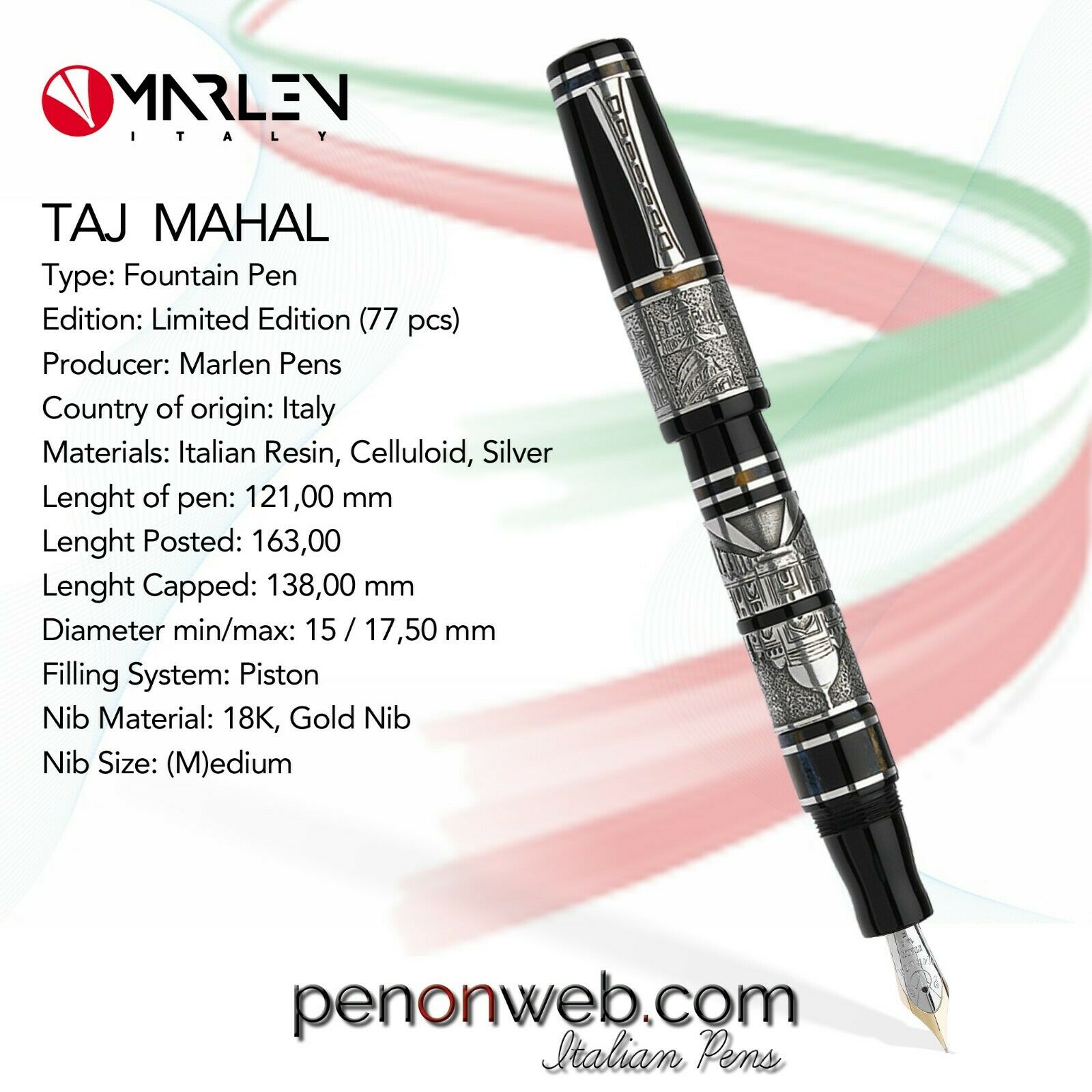 Marlen Taj Mahal L.e. (77 Pcs) Fountain Pen | Resin, Celluloid, Silver, Gold Nib