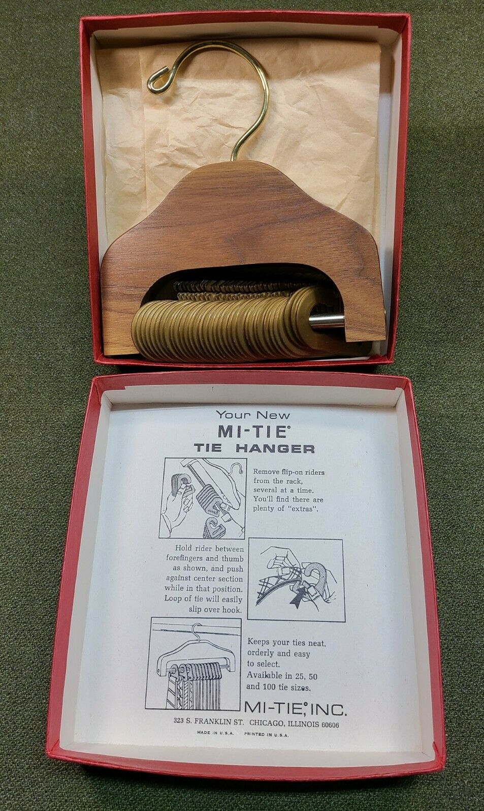 Vintage Mi-tie Wood Neck Tie Hanger Chicago Usa 6” Rack 34 Hooks Riders Orig Box
