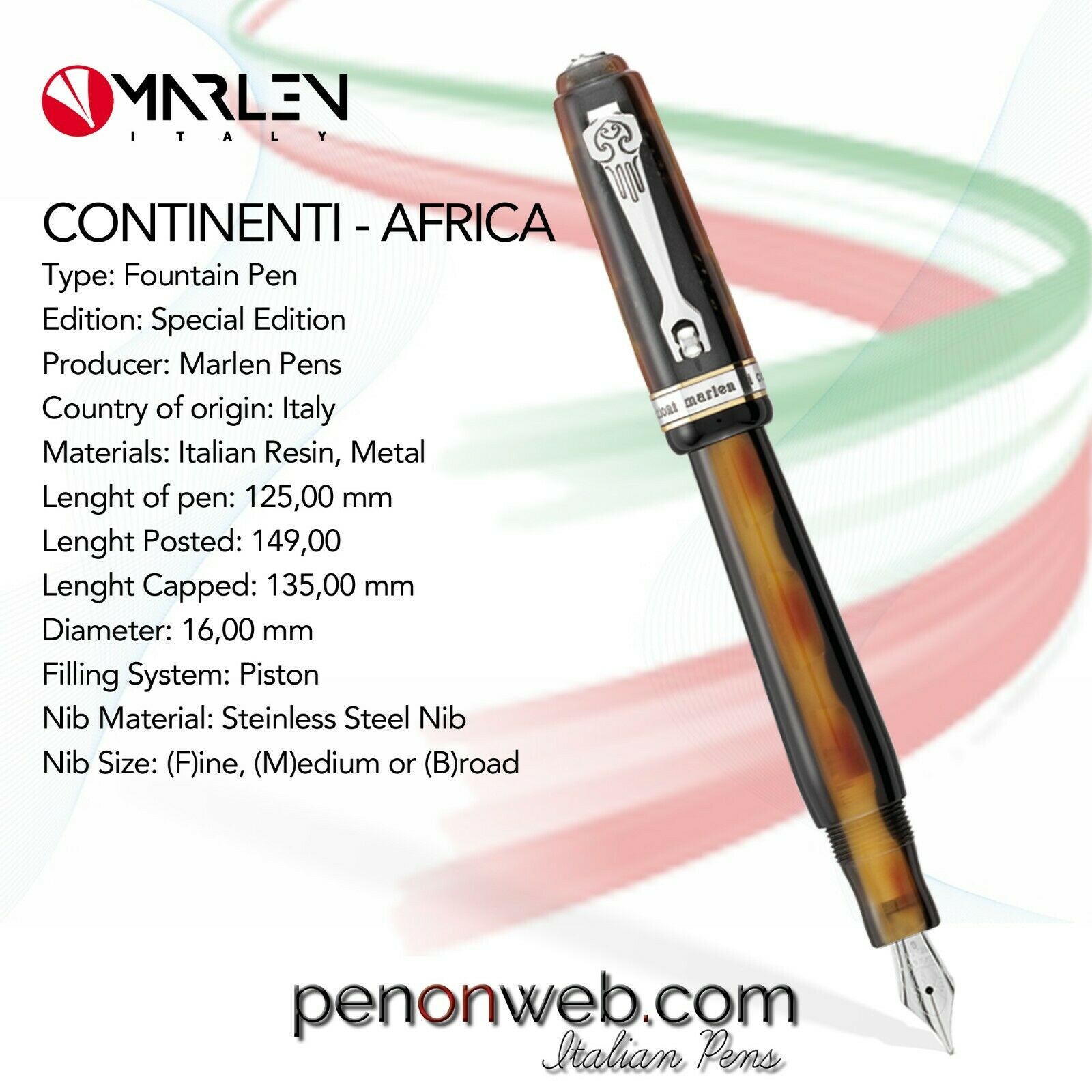 Marlen Continenti Africa Fountain Pen | Italian Resin | Brand New | Piston Fill.