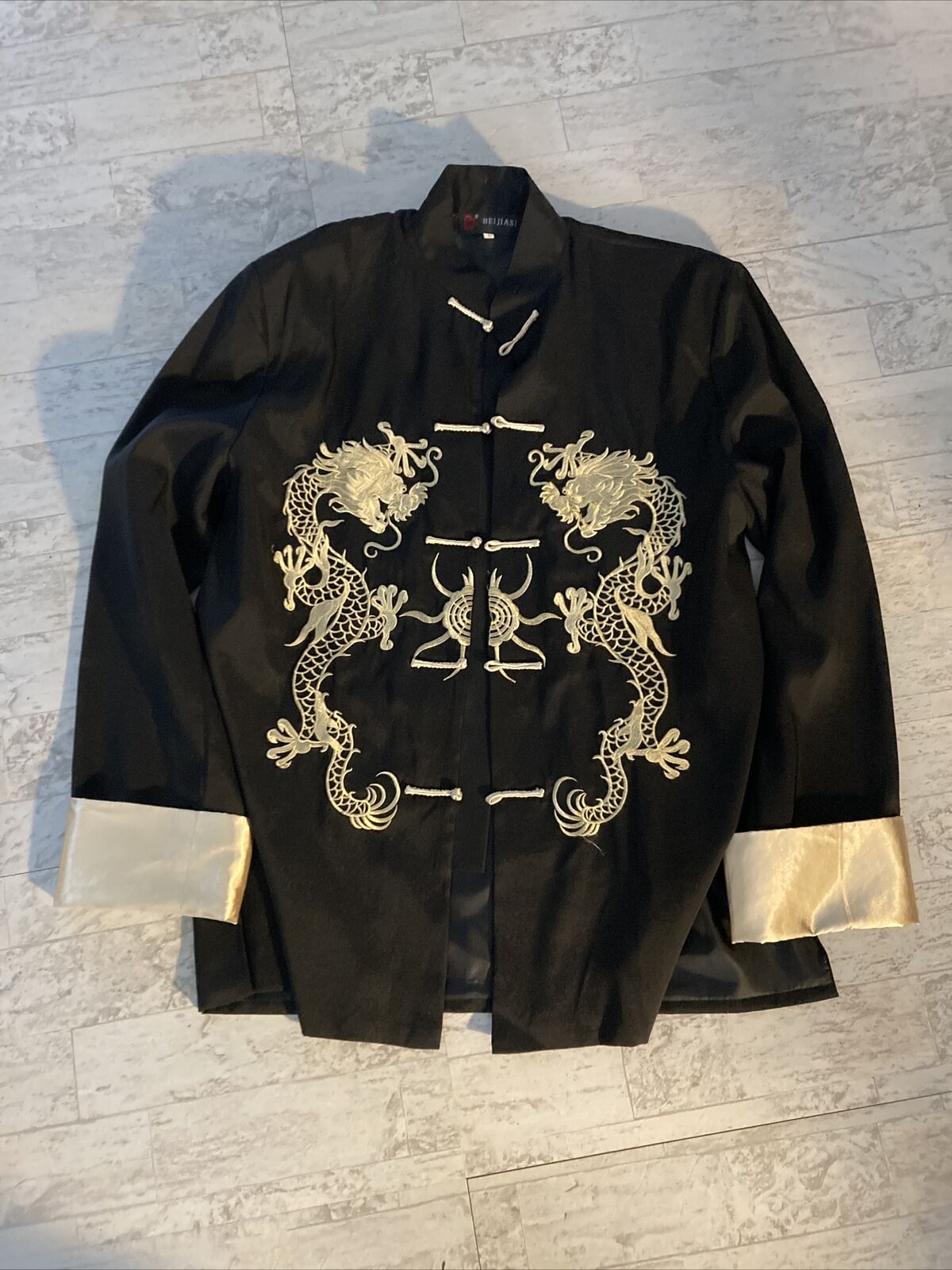 Beijiasi Mandarin Jacket Black & Gold Polyester Embroidered Dragons M