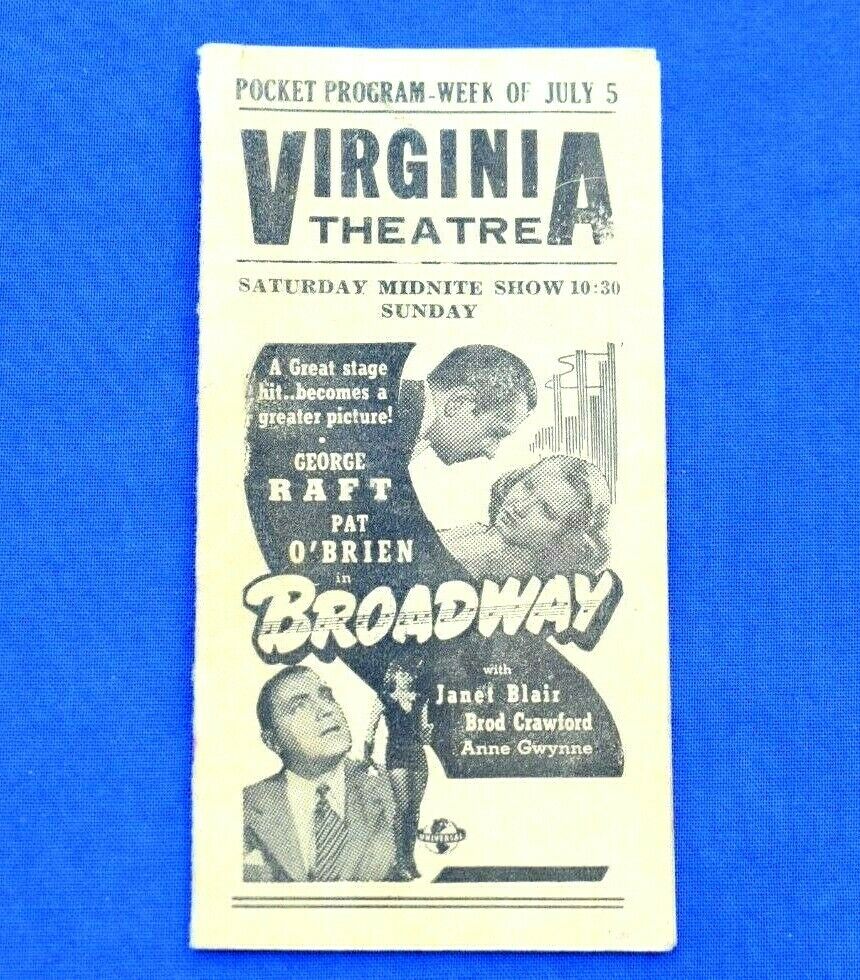 1940's Movie Theater Original Printed Folding "pocket Program" Virginia Theater