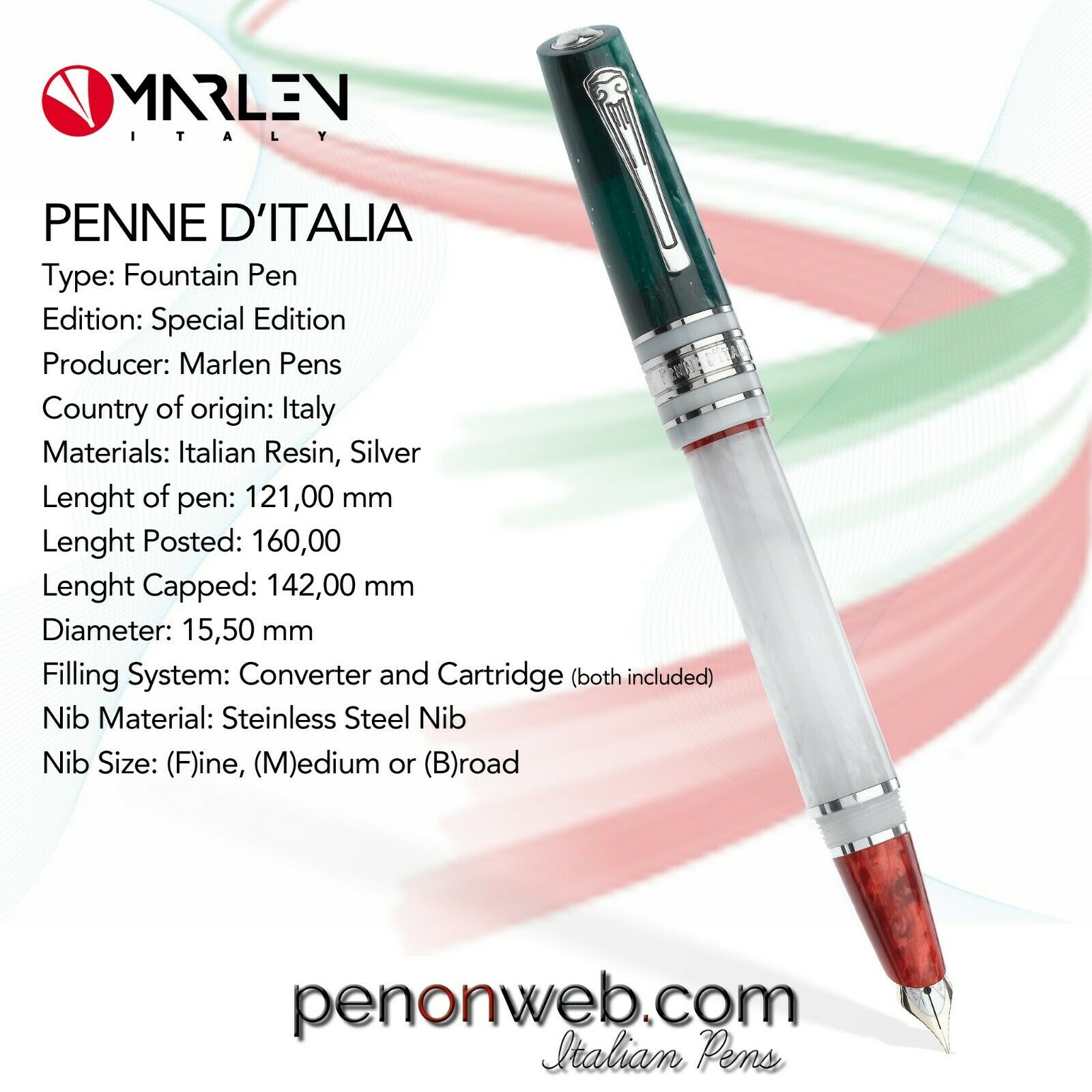 Marlen Penne D'italia S.e. Fountain Pen | Italian Resin, Silver | Brand New