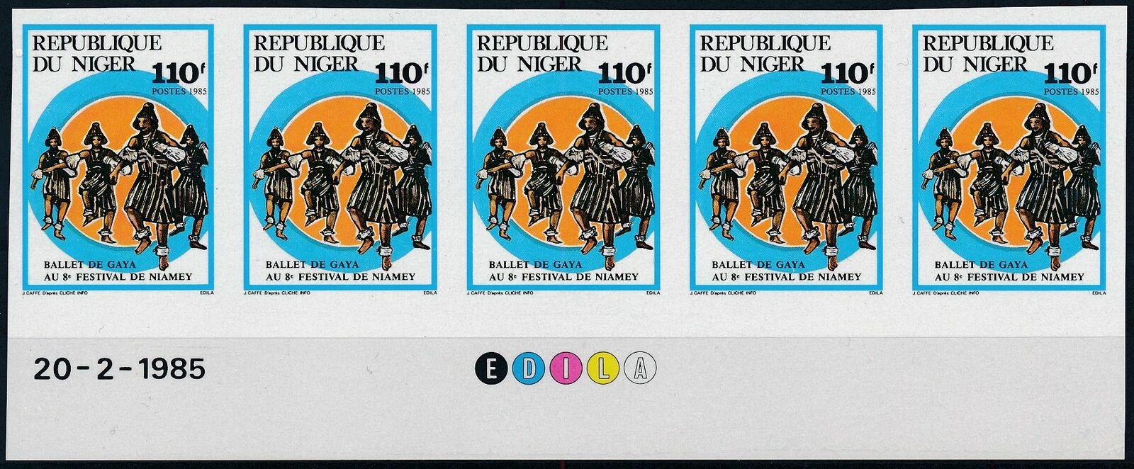 [P16178] Niger 1985 : 5x Good Very Fine MNH Imperf Stamp -Dated Corner in Strip