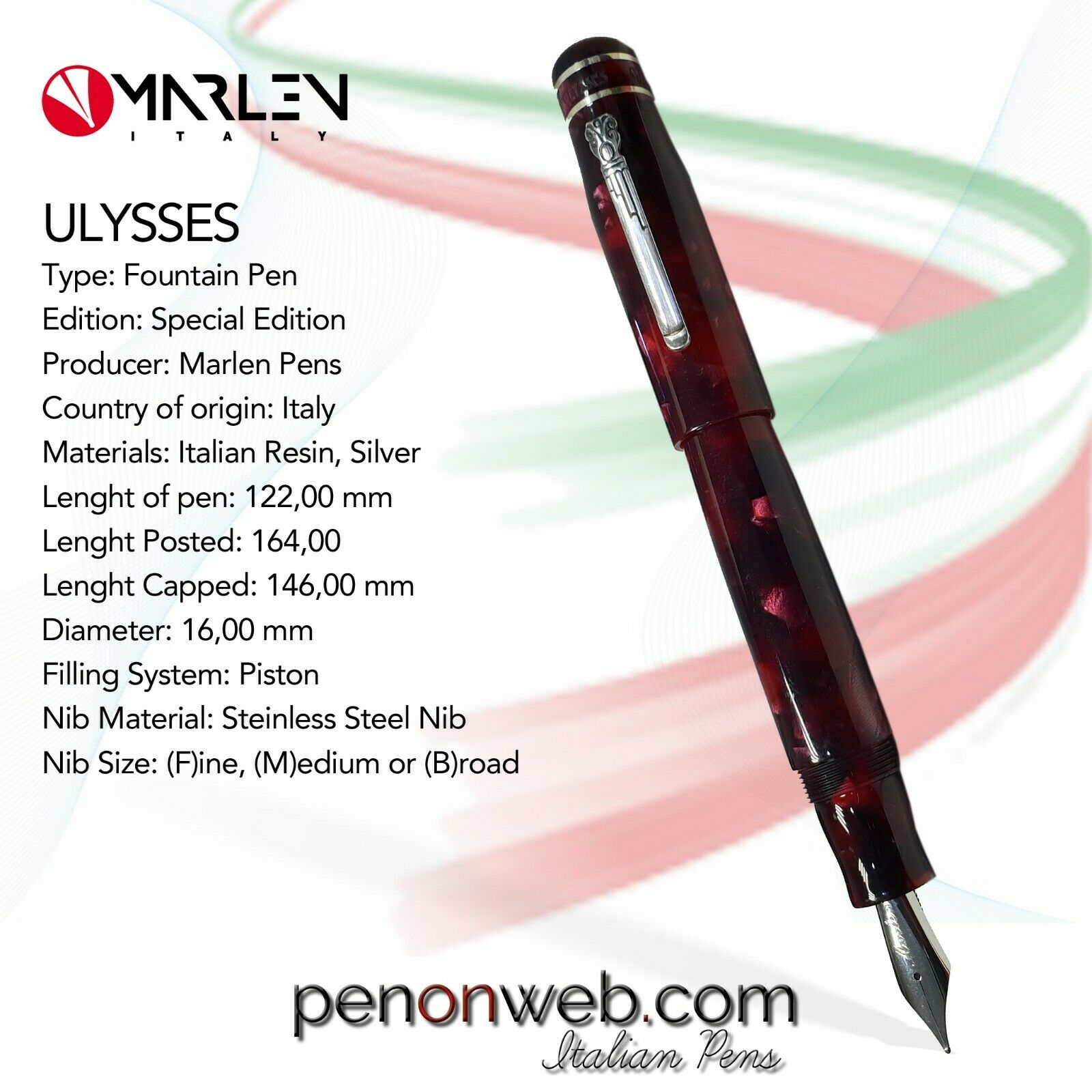 Marlen Ulysses Fountain Pen. Italian Resin, Silver. Old Collection:1999 Brandnew