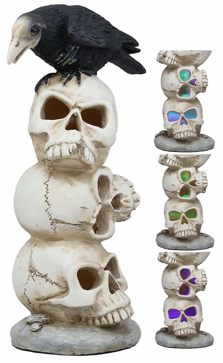 Ebros Raven Sitting On Top Of Led Lighted Skulls Halloween Collectible Figurine