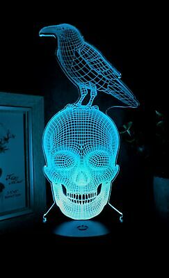 Gothic Raven Crow On Grinning Skull Acrylic Art Panel Colorful LED Night Light