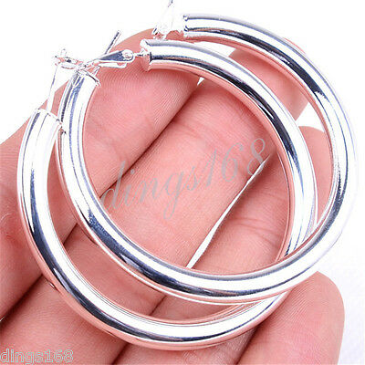 Ladies Classic 925 Sterling Silver 2" Large Hollow Tube Hoop Earrings Ecc6-50mm