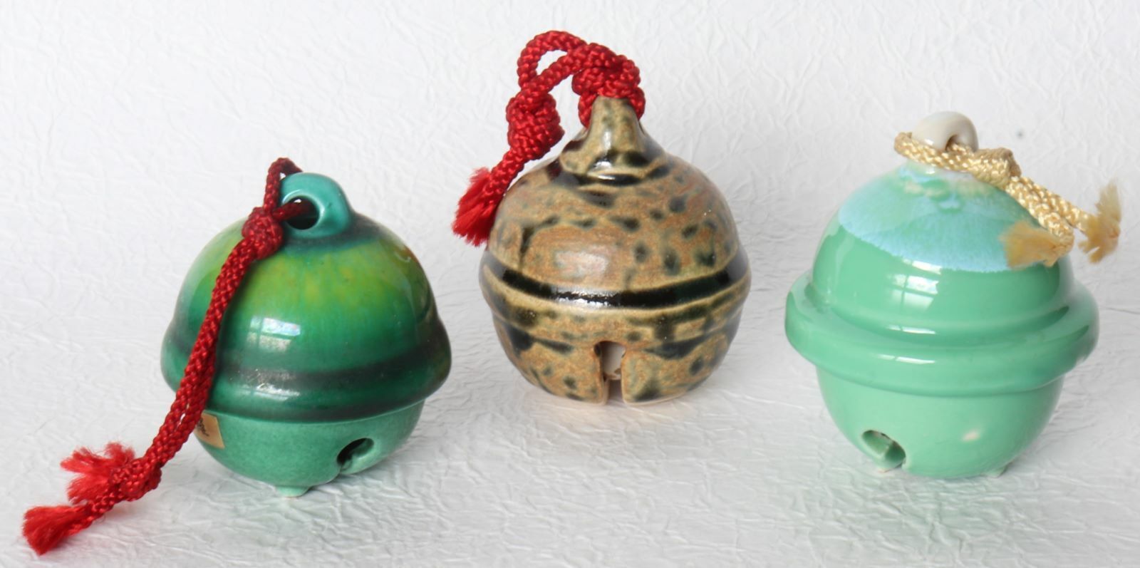 Japanese Ceramic Pottery Bell Green Brown 3 Pieces Lucky Charm Vintage