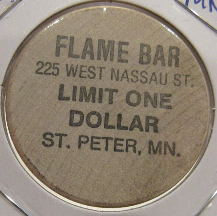 Vintage Flame Bar St. Peter, MN Wooden Nickel - Token Minnesota Minn.