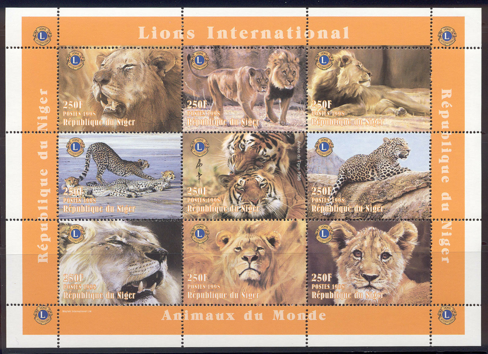 Niger - 1998 MNH mini-sheet of 9 Lions stamps #1004 Lot #1
