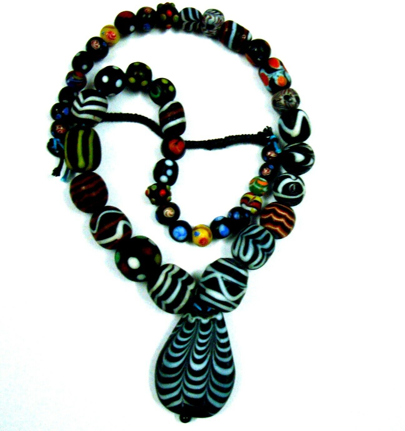 Unique 22" 45 Beads Phoenician Mosaic Glass Assorted Bead Pendant Necklace A4