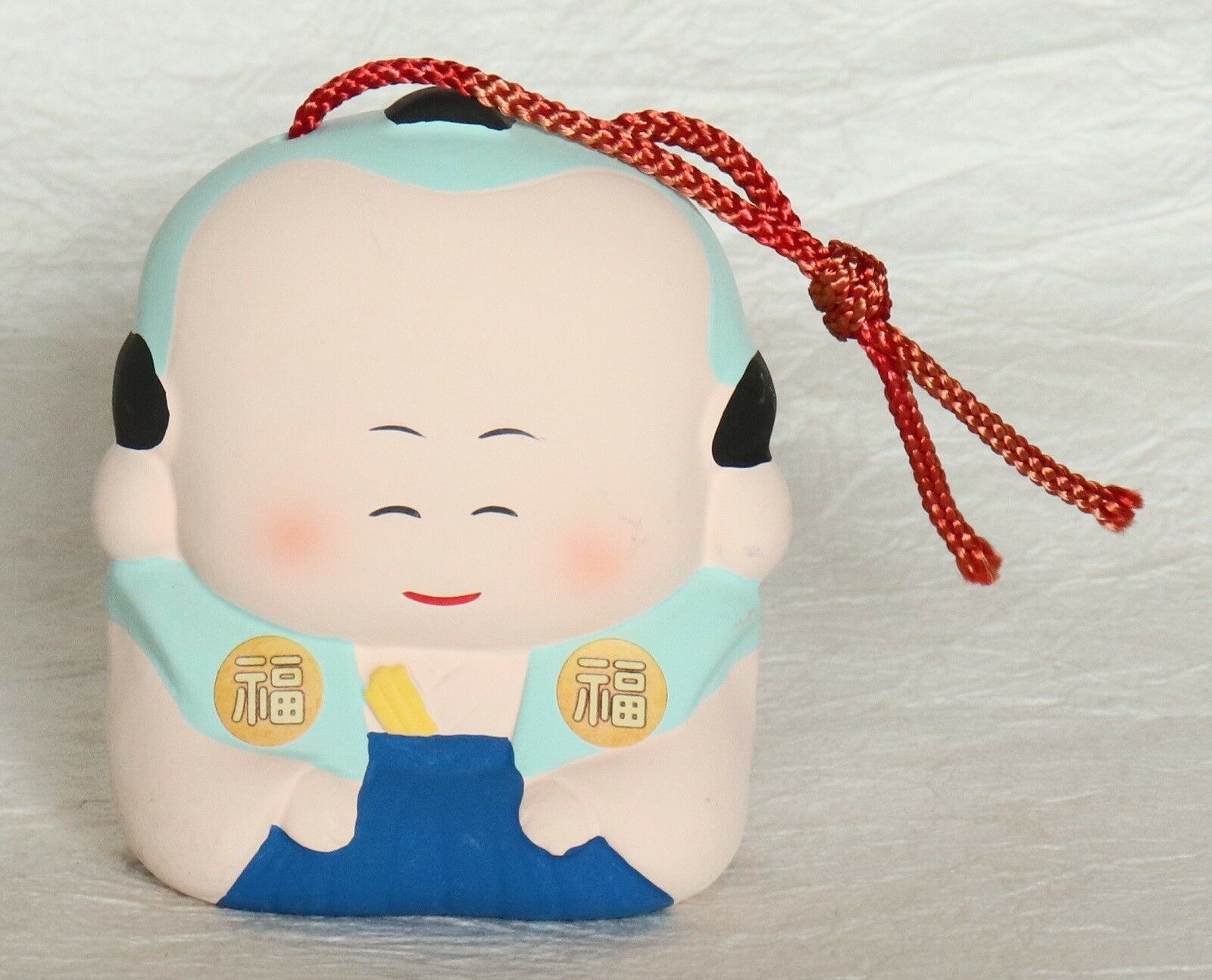 Japanese Vintage Clay Bell Fukusuke Doll Samurai Handmade Lucky Charm Dorei