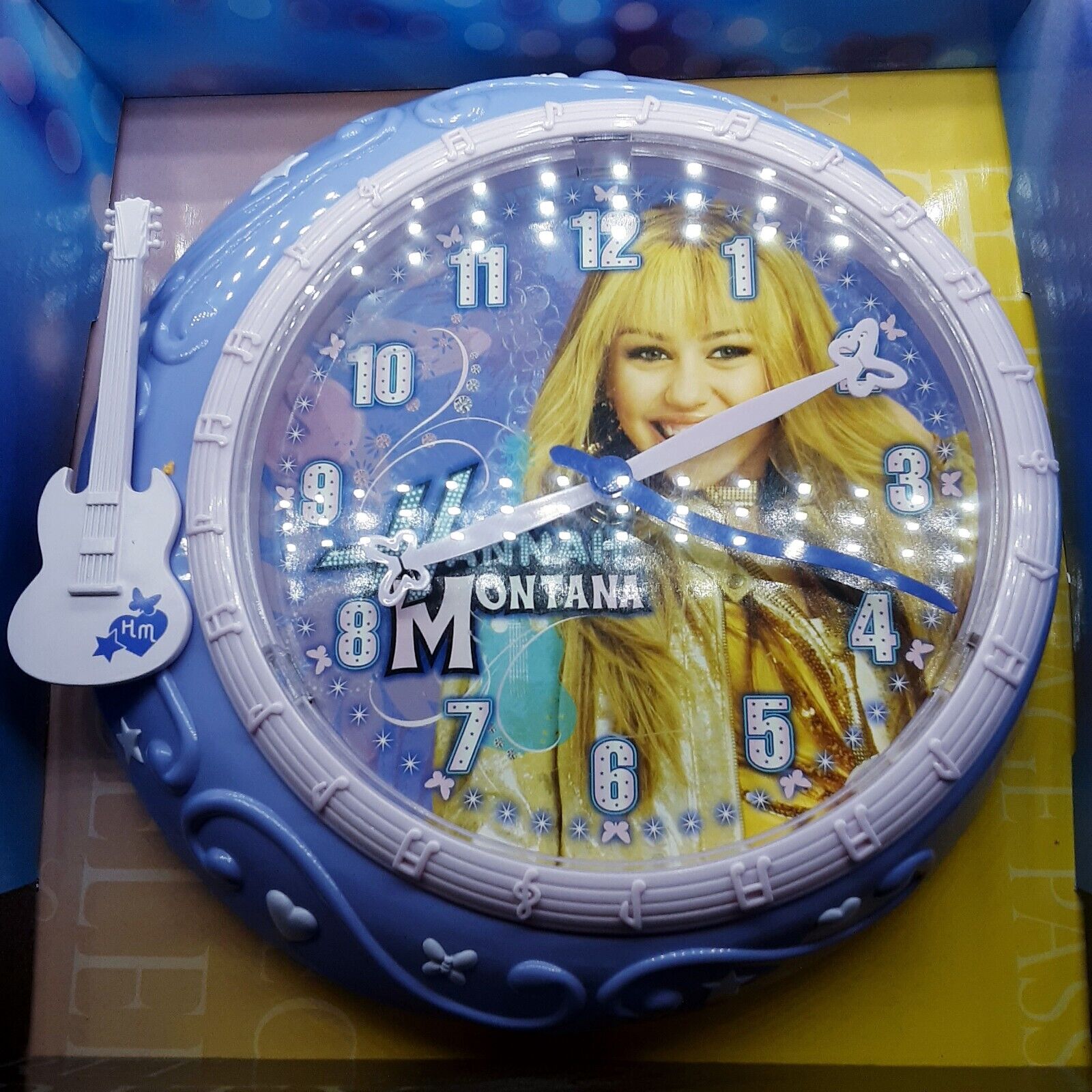 NOS RARE Disney Hannah Montana Purple Guitar Wall Clock Miley Cyrus 2003 NEW