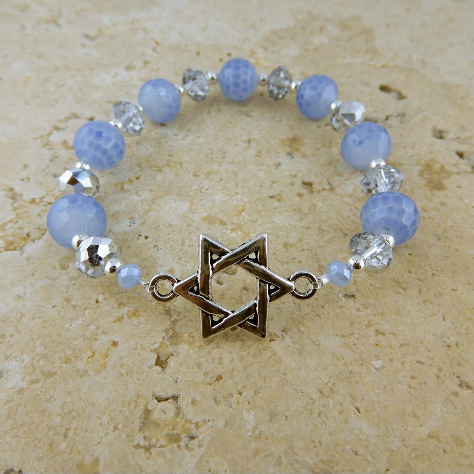 Stretch Crystal Bracelet Silver Magen David, Judaica, Star Of David