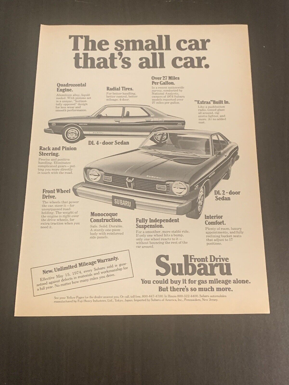 1974 Vintage Ad Subaru Front Drive DL 4-door Sedan Car Automobile View Ephemera