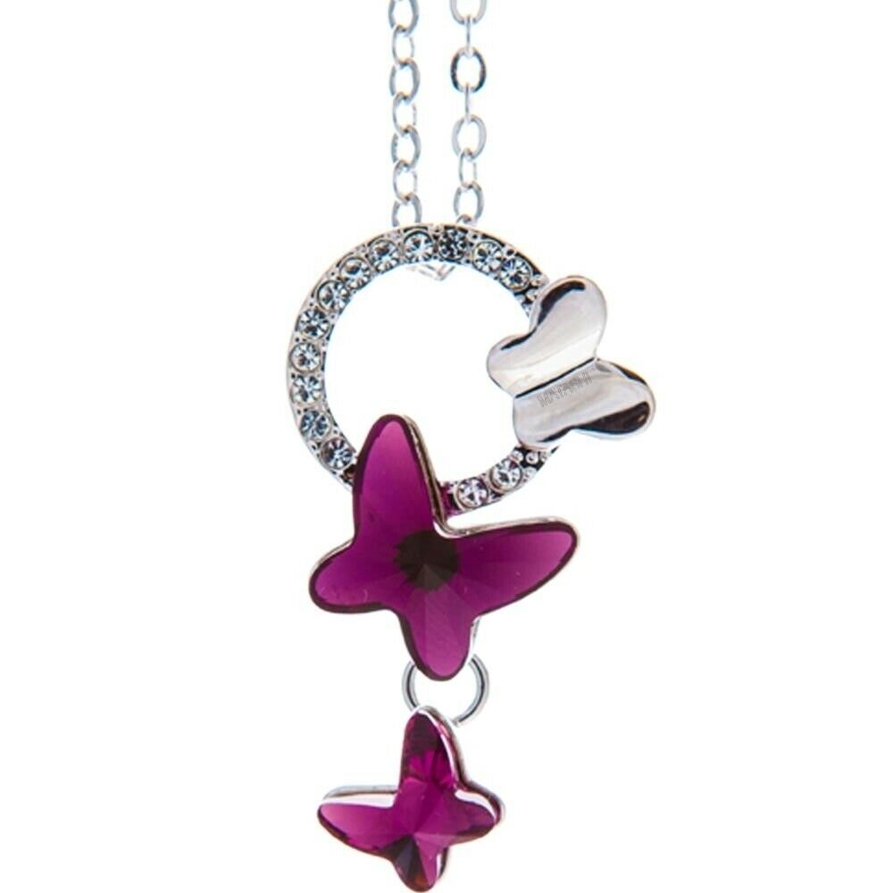 Rhodium Plated Necklace With Purple Fluttering Butterflies Design With A 16"