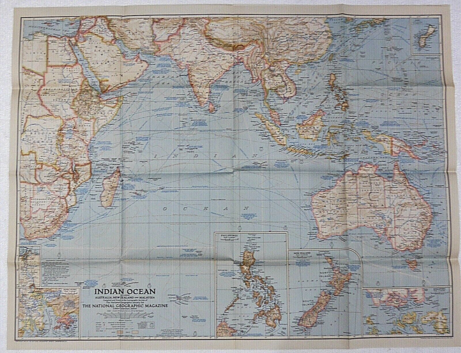 ⫸ 1941-3 March Map Indian Ocean Australia New Zealand National Geographic Vtg #2