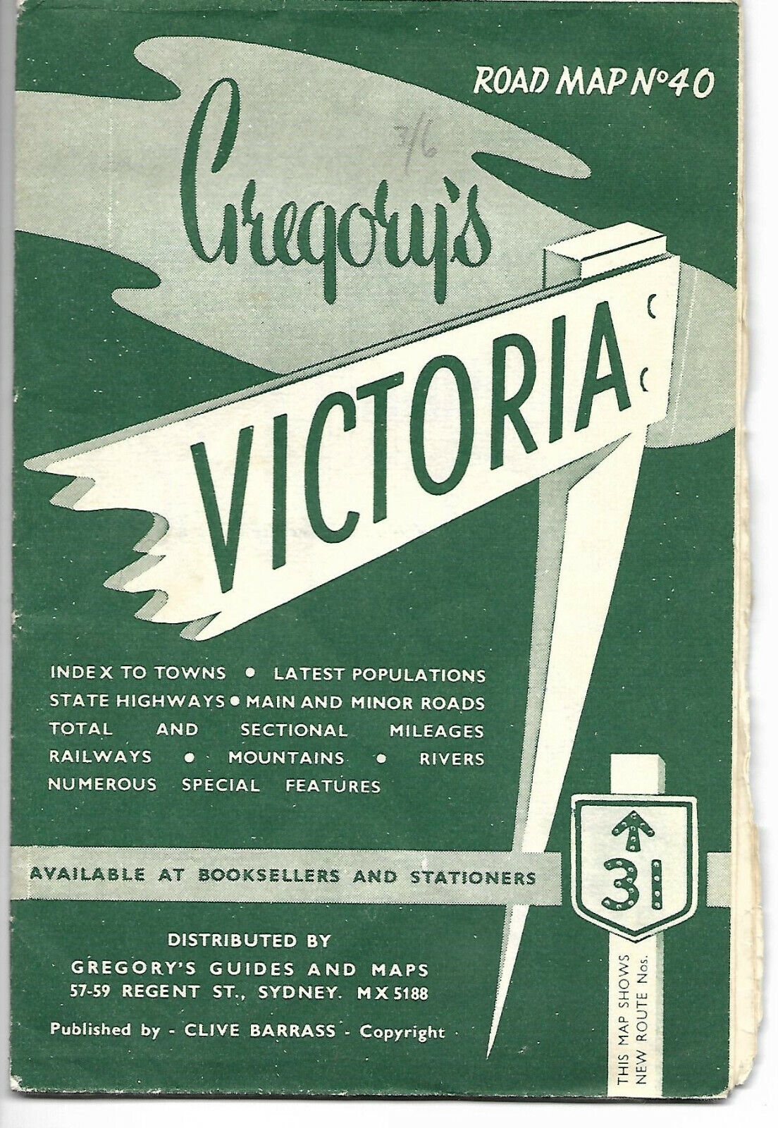 1954 Map ~ GREGORY'S ROAD MAP OF VICTORIA, Australia