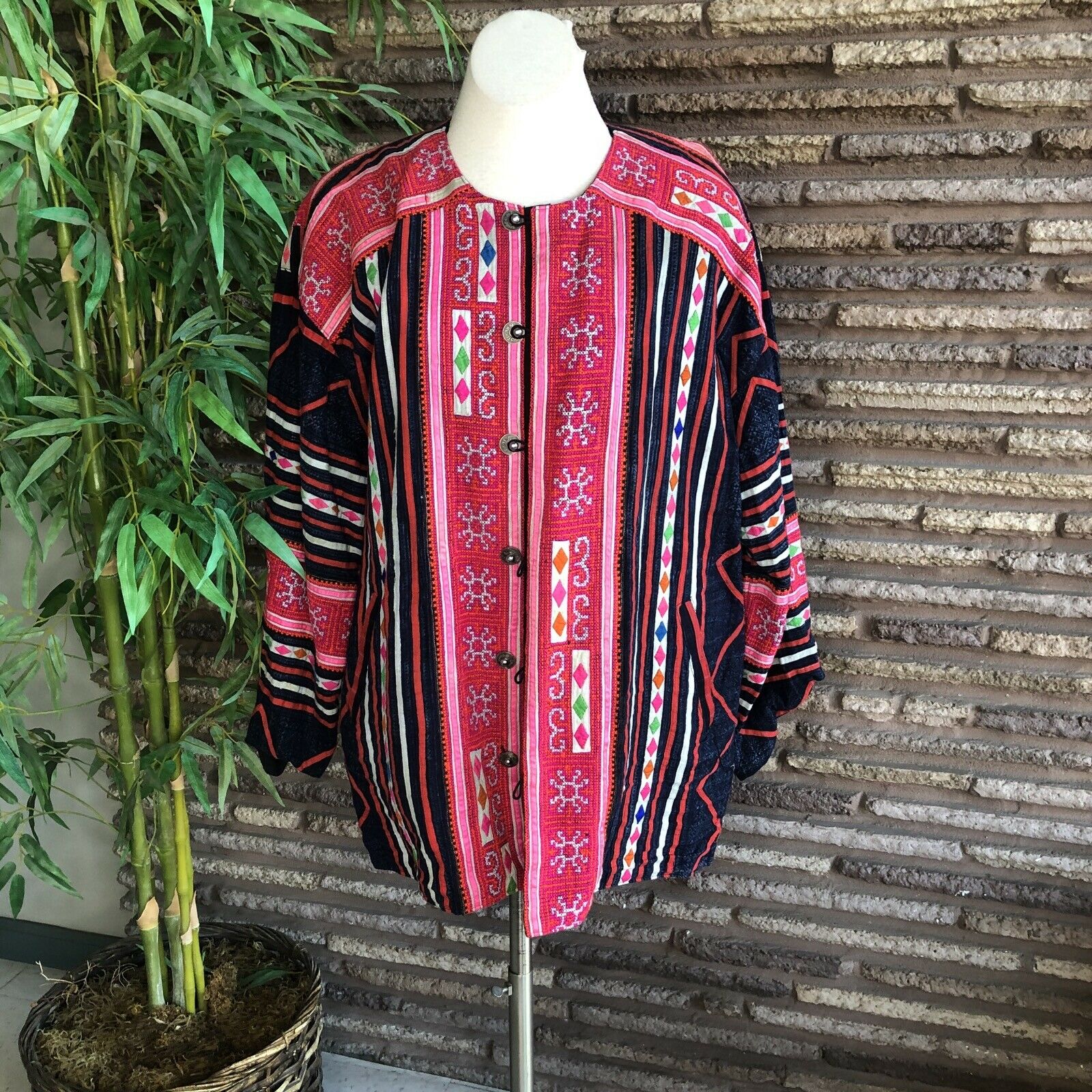 Vintage Ethnic Laotian Hmong Hill Tribe Embroidered Reversible Jacket
