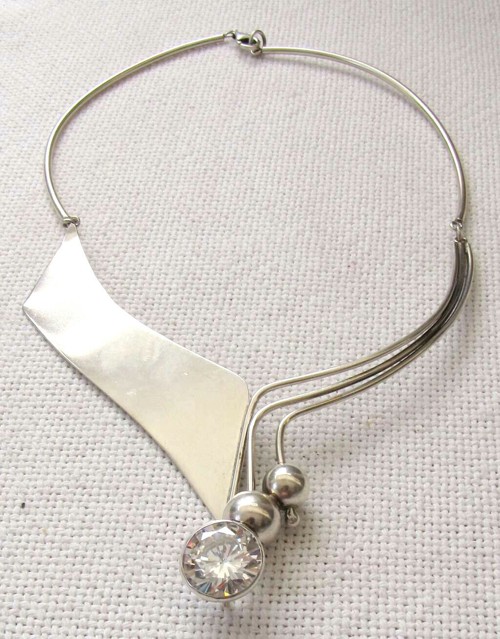 Avi Soffer Vintage Modernist Silver Sterling Collar Necklace W/ Rock Crystal 46g