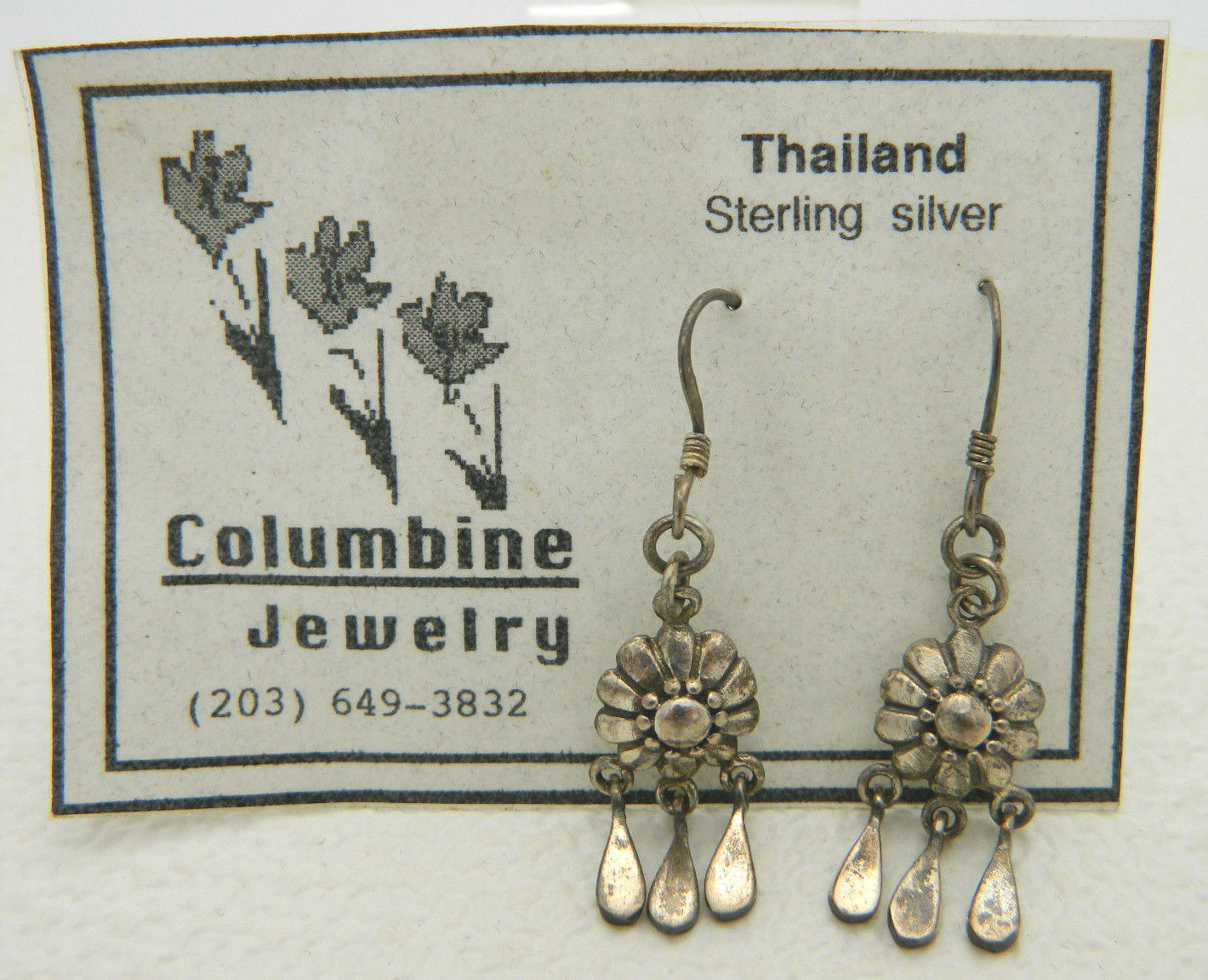 New Old Stock Thailand Sterling Silver Flower Dangle Earrings