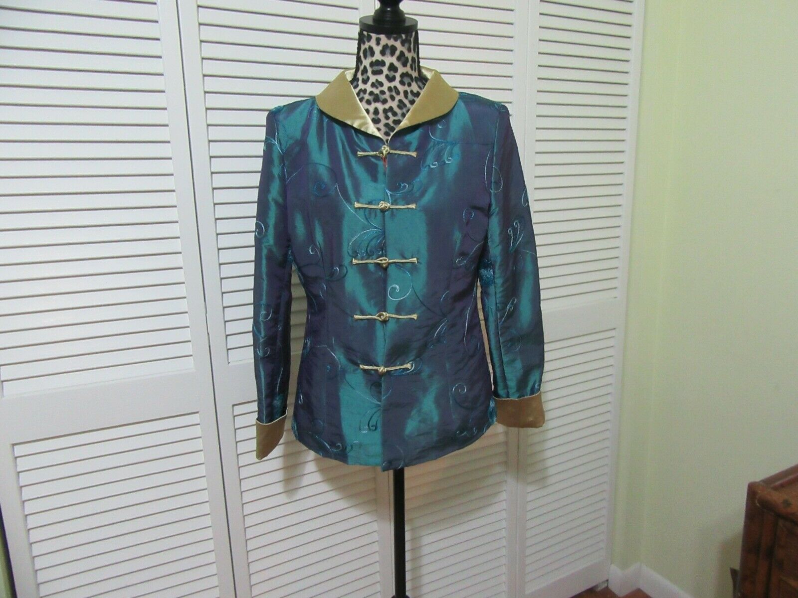 Ke Ming Jacket,asian Style,women, S/m,,nwt Teal,gold Trim, Lined Frog Closure