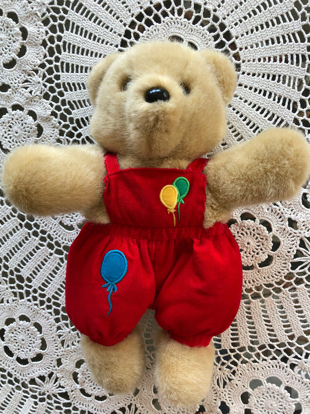 Vintage 1991 Dakin Teddy Bear Hand Puppet Plush Toy Wearing Red Bib Overalls Euc