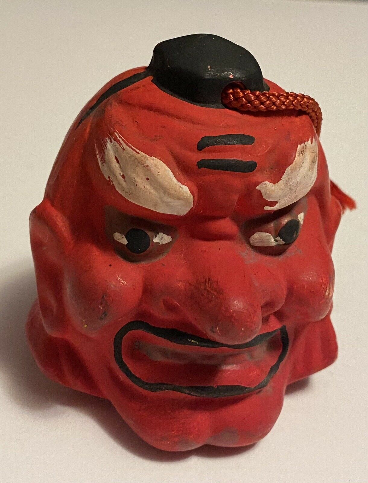Vintage Japanese Clay Bell Ceramic Dorei Old Red Demon 3”x3” Signed