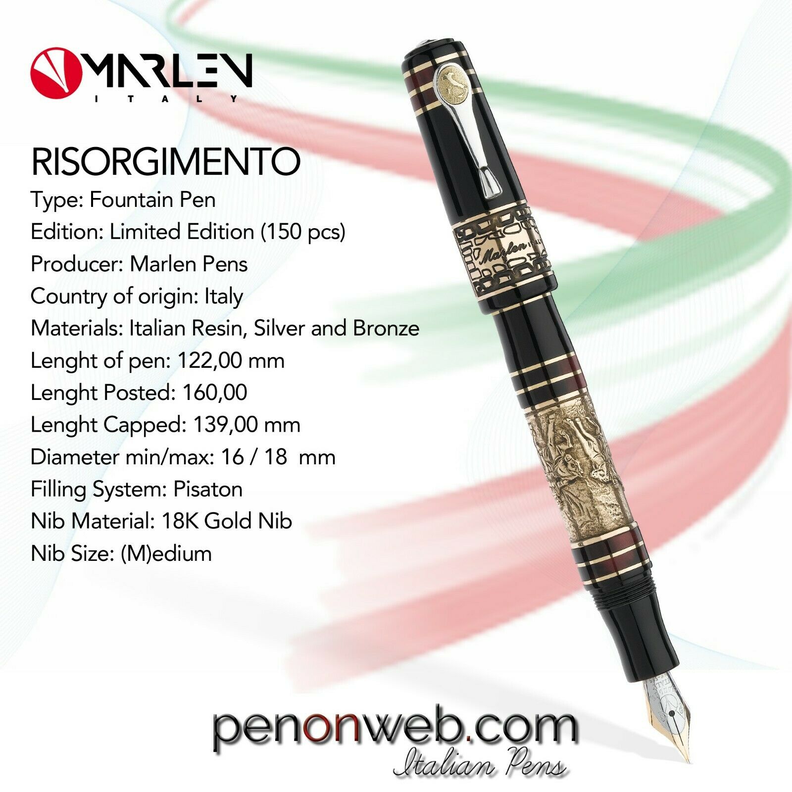 Marlen Risorgimento L.e. 150 Pcs Fountain Pen | Gold Nib | Resin, Bronze, Silver