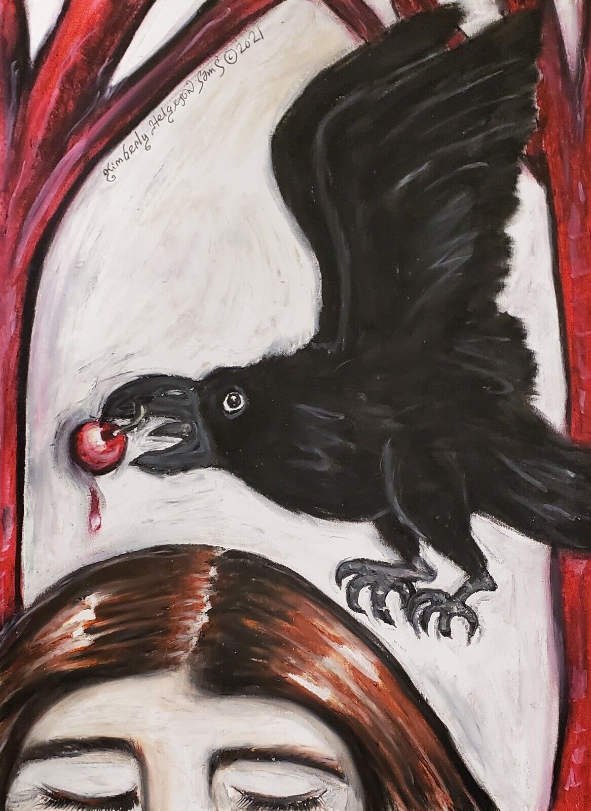 5x7 Omen Crow Raven Art Print Of Painting Artwork Ksams Redhead Cherry Halloween