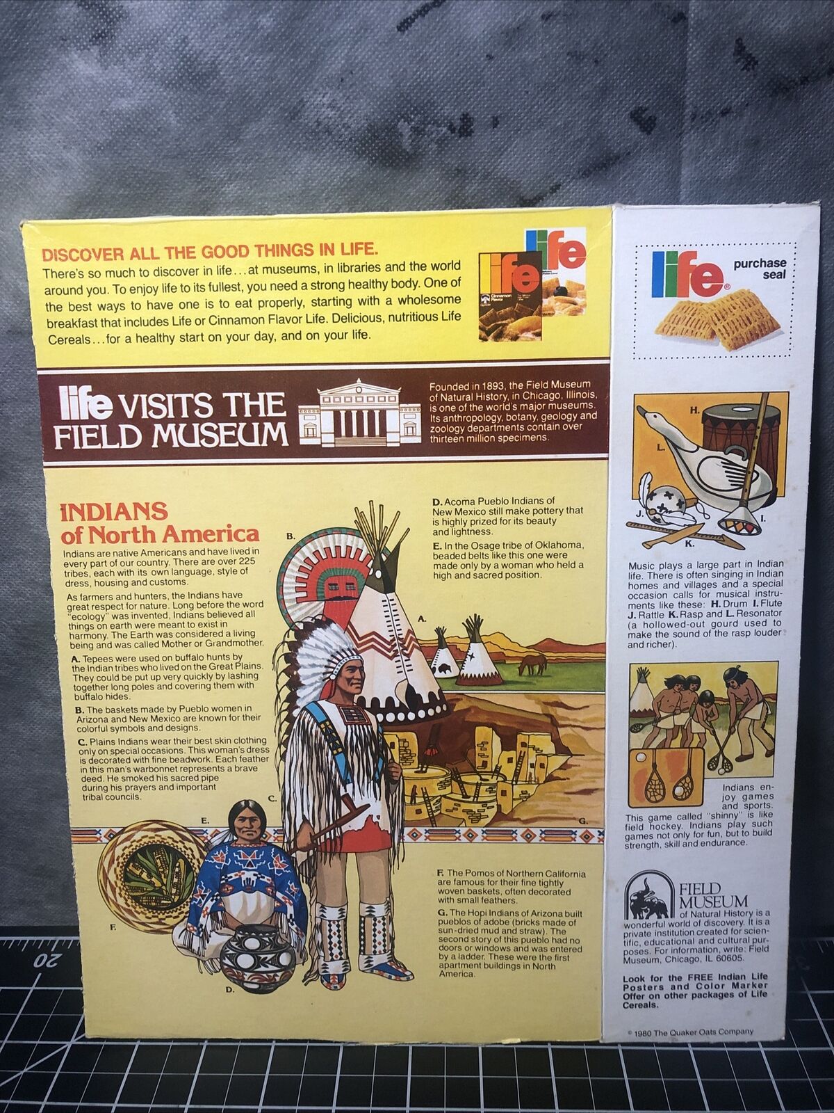 1980 Vintage Life Cereal Box Native American Indians Quaker Oats 80s Advertising