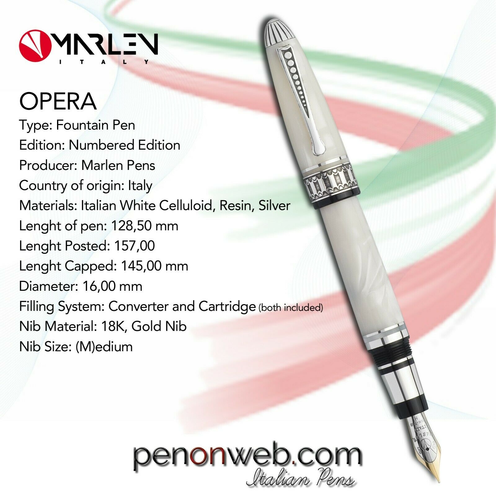 Marlen Opera Fountain Pen | White Celluloid, Silver, 18k Gold Nib | Numb. Ed.