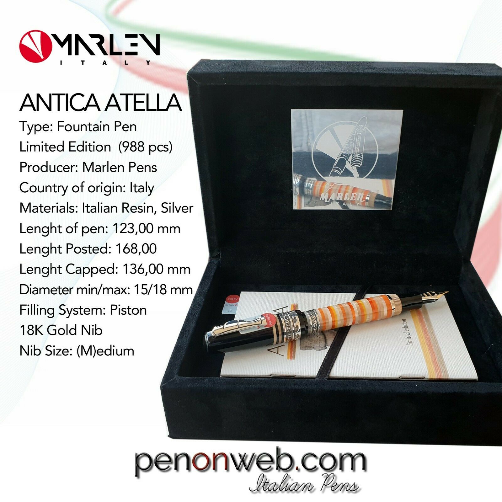 Marlen Antica Atella L.e. (988 Pcs) Fountain Pen | Resin, Silver | 18k Gold Nib