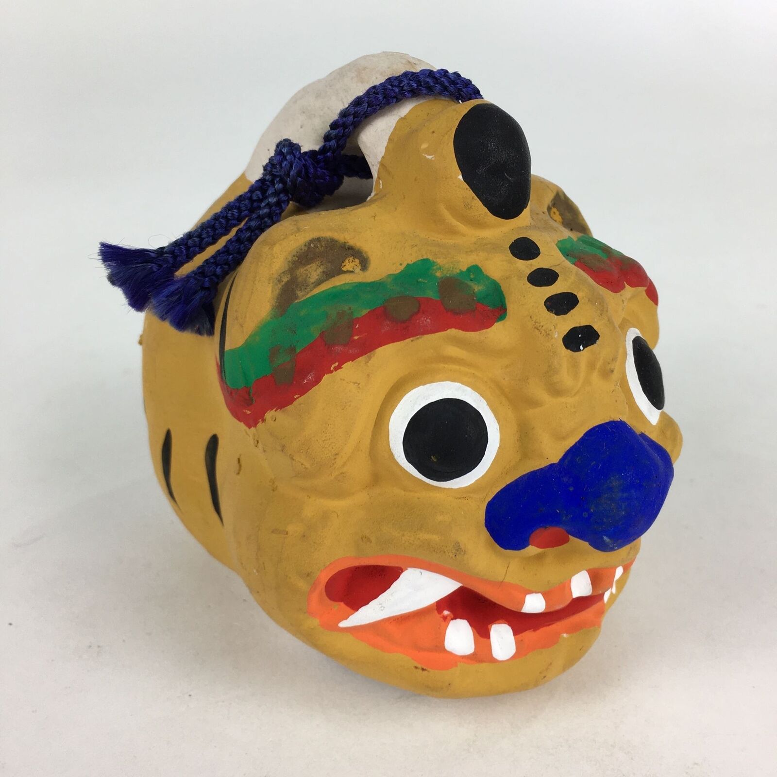 Japanese Clay Bell Vtg Dorei Ceramic Doll Amulet Zodiac Tiger Yellow DR372