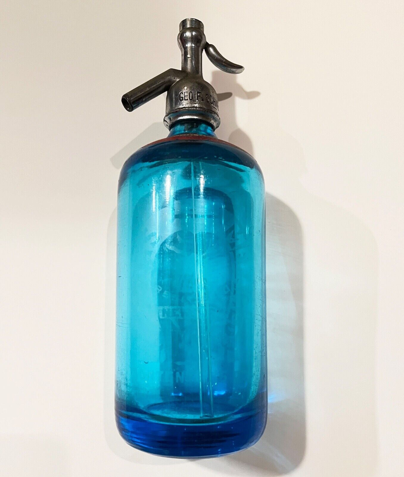 Vintage Blue Glass Seltzer Bottle, Louis Melamed Bronx NY Made in Czechoslovakia